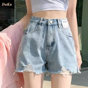 Черные джинсовые шорты женские летние тонкие широкие с высокой талией свободные узкие края XS светло-синий