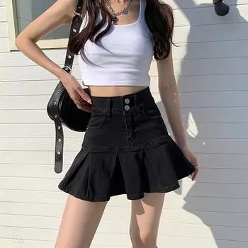 Черные джинсовые юбки, женские мини-плиссированные юбки с высокой талией, летняя женская одежда, сексуальные короткие юбки, корейские модные низы, уличная одежда 2XL чёрный