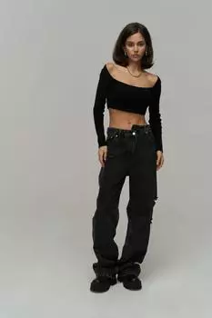 Черные джинсы с двойной рваной отделкой на северной талии