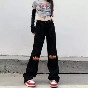 Черные джинсы с принтом пламени и букв, джинсовые брюки, брюки в стиле хиппи, хип-хоп, панк-рок, модная уличная одежда в стиле Харадзюку, y2k бойфренд S чёрный