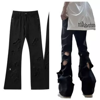 Черные джинсы с рваными дырками и брюки-клеш, джинсовые брюки-клеш с заниженной талией y2k, заниженная талия 2023, женские и мужские хип-хоп большие размеры S чёрный