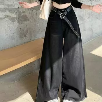 Черные джинсы с высокой талией для женщин на осень, свободный крой и утягивающий, универсальные, широкие штанины, брюки длиной до пола L чёрный