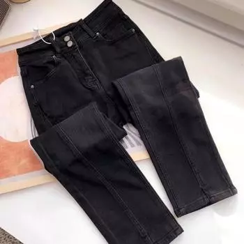 Черные джинсы с высокой талией и разрезом, женские осенне-зимние джинсы для женщин с грушевидной фигурой, эластичные, прямые, плюс бархатные джинсы с девятью точками XXXXXL чёрный