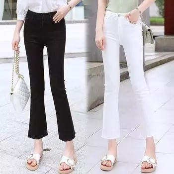 Черные джинсы с высокой талией Raw Edge Micro Flare, женские осенние и зимние новые тонкие эластичные девятиминутные брюки 25 белый