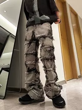 Черные джинсы в американском стиле с принтом тай-дай для мужчин, прямые джинсы Y2K, свободные брюки в стиле хип-хоп, мужская одежда S