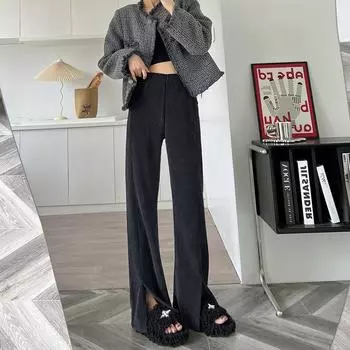 Черные флисовые утолщенные вельветовые брюки шенилла широкие женские осенне-зимние с высокой талией и тонкие узкие прямые брюки для уборки S серый