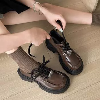 Черные французские ретро туфли на толстом каблуке и толстой подошве из кожи для женщин, новые летние универсальные туфли с круглым носком 35