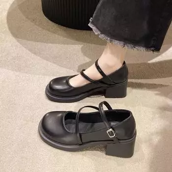 Черные французские туфли Мэри Джейн из кожи женские, весна 2025 года, новые, с круглой головкой, универсальные, с юбкой в стиле ретро, на толстом каблуке, одинарные туфли 35