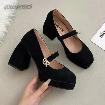 Черные французские туфли Мэри Джейн на высоком толстом каблуке, женские туфли на платформе, весна-осень, сексуальные замшевые туфли с квадратным носком и небольшим вырезом 34 фиолетовый