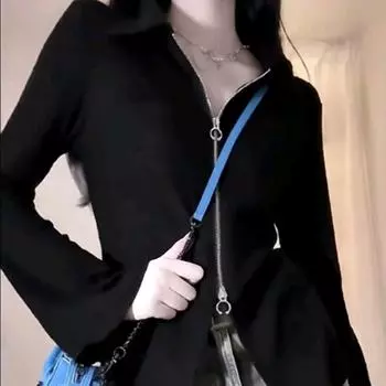 Черные футболки с длинным рукавом Y2K с отложным воротником, шикарные трикотажные туники, топы для женщин M