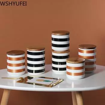Черные герметичные банки в скандинавском стиле с геометрическим рисунком и крышками. Керамические банки для хранения. Чайные банки, баночки для конфет и печенья. Аксессуары для дома WSHYUFEI. 500ml