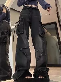 Черные готические мешковатые джинсы-карго Y2k 90-х годов, женские звезды Harajuku, винтажные шикарные джинсовые брюки, женские корейские модные эстетические джинсовые брюки 2000-х годов, новинка 2024 года S чёрный