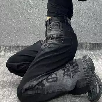 Черные готические уличные женские джинсы, осенние винтажные джинсовые брюки в стиле Харадзюку с высокой талией, женские свободные брюки в стиле гранж, женские L чёрный