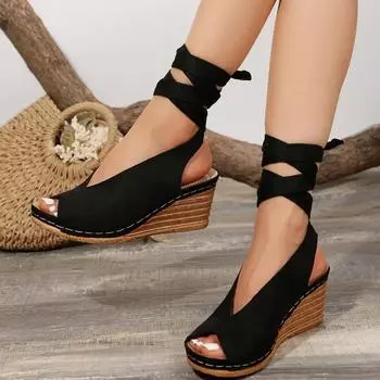 Черные хаки босоножки на танкетке с высоким каблуком для женщин, летние, новые, на платформе, с вырезом «рыбий рот», с перекрестными ремешками, повседневные туфли в римском стиле Zapatos 36 чёрный
