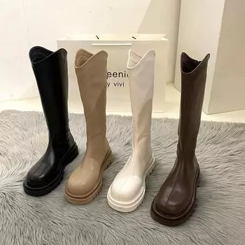 Черные хаки осенние женские сапоги модные на платформе толстый каблук до колена длинные сапоги на молнии женские квадратный каблук однотонные тонкие сапоги 4.5