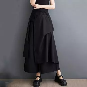 Черные хлопковые большие размеры, винтажные повседневные свободные летние широкие брюки с высокой талией, женские брюки