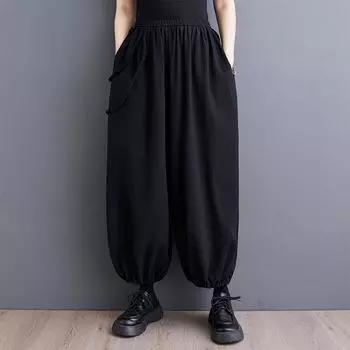 Черные хлопковые большие размеры, винтажные повседневные свободные летние широкие брюки с высокой талией, женские брюки