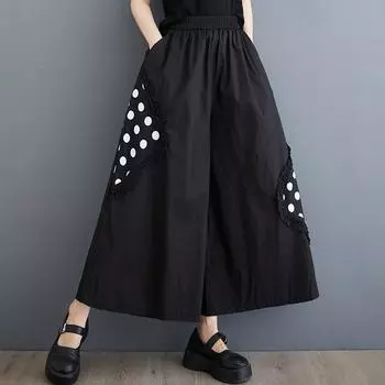 Черные хлопковые большие размеры, винтажные повседневные свободные летние широкие брюки с высокой талией, женские брюки