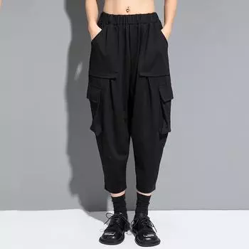 Черные хлопковые брюки-шаровары с высокой талией, большие винтажные повседневные свободные летние брюки-шаровары для женщин, брюки M