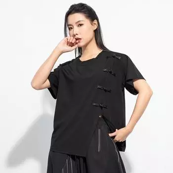 Черные хлопковые винтажные повседневные свободные топы больших размеров с короткими рукавами, женская летняя футболка M