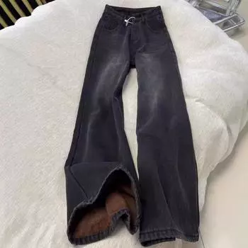 Черные и серые теплые свободные прямые джинсы из бархата для женщин на осень и зиму, новые американские ретро-брюки с высокой талией и широкими штанинами S