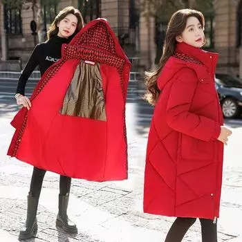 Черные и золотые пуховые хлопковые утепленные изделия для женщин, новые осенние и зимние утепленные изделия средней и длинной длины выше колена M бордовый