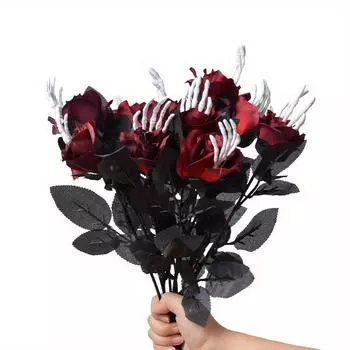 Черные искусственные розы на Хэллоуин с косточкой для рук, длина 43 см, красные искусственные цветы, декор для вечеринки дома, реквизит для создания атмосферы ужаса чёрный