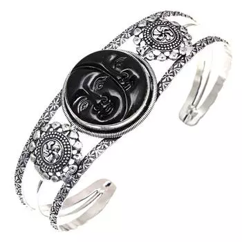 Черные камеи с изображением драгоценных камней, этнические серебряные ювелирные изделия, браслеты-манжеты 7 дюймов, регулируемые