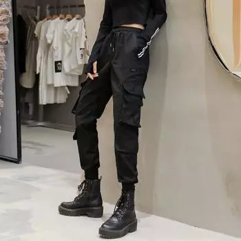 Черные карманы с высокой эластичной талией, длинные шаровары, свободные брюки, женская мода, весна-осень, большие размеры 5XL чёрный