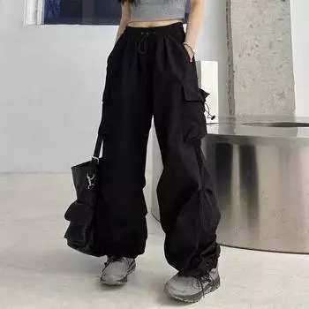 Черные классические брюки-карго женские большие уличные брюки корейские дизайнерские свободные брюки винтажные женские спортивные брюки S