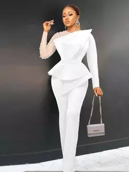 Черные комбинезоны для женщин, элегантные длинные тюлевые прозрачные бусины, высокая талия, баска, длинные комбинезоны с прямыми штанинами, цельная одежда S чёрный