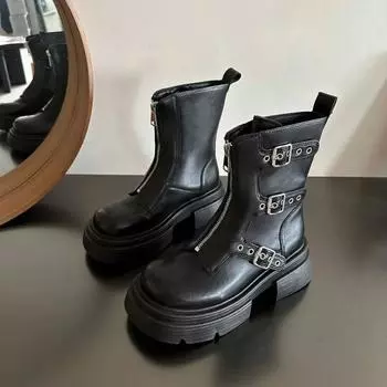 Черные коричневые женские ботинки на толстой подошве в стиле ретро, модные ботинки Shprt 2024, новые кожаные ботинки Western Knight с металлической пряжкой 35 чёрный