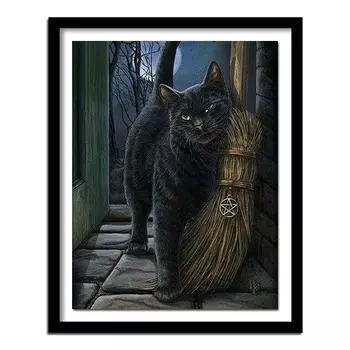 Черные кошки Метла Алмазные поделки Круглая алмазная живопись Вышивка крестиком Настенная живопись Домашний декор 20X30CM