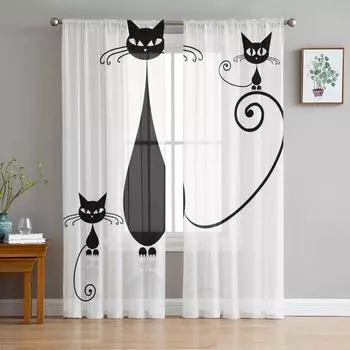 Черные кошки животные белые шифоновые прозрачные шторы для гостиной спальни украшения дома окна вуали тюль занавески W135 x H115cm x1&Rod Pocket