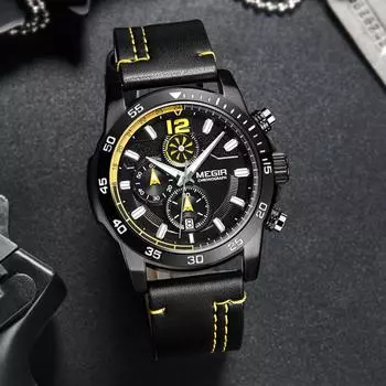 Черные кожаные мужские кварцевые наручные часы MEGIR со светящейся функцией хронографа серебряный