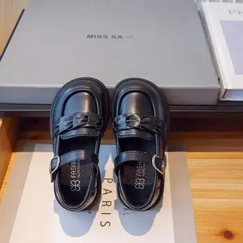 Черные кожаные туфли для девочек, детские туфли принцессы на мягкой подошве в английском стиле, маленькие кожаные туфли для девочек, мода 23 чёрный