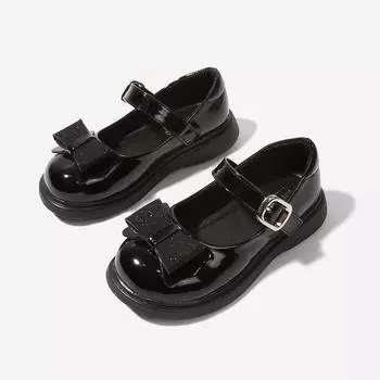 Черные кожаные туфли для девочек, модные туфли для школьников 2024 года, обувь принцессы, весна-осень, новые повседневные туфли в корейском стиле для детей на плоской подошве 26 чёрный