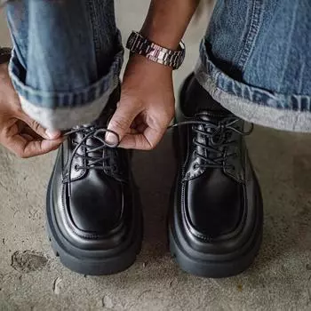 Черные кожаные туфли Maden с толстой подошвой, повседневные, на шнуровке, универсальные, классические, деловые, кожаные туфли для мужчин в байкерском стиле 38 чёрный