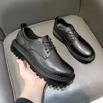 Черные кожаные туфли, молодежные британские деловые универсальные туфли для костюма, весенние и осенние повседневные мужские туфли со шнуровкой и круглым носком 20358-T 38 чёрный