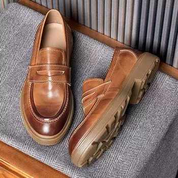 Черные кожаные туфли на толстой подошве, мужские однобортные туфли из натуральной кожи, универсальные лоферы в британском стиле, польские, ретро, высокого класса 38 коричневый