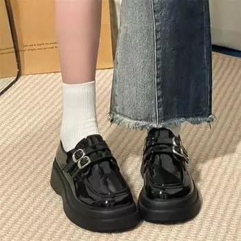 Черные кожаные туфли на толстой подошве, женские, весна 2025 года, толстый каблук в британском стиле, закругленный носок, японские туфли-лоферы jk, одинарные туфли 35
