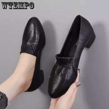 Черные кожаные туфли с складным дизайном, женские рабочие туфли с круглым носком на мягкой подошве и среднем каблуке, удобная легкая легкая обувь 39