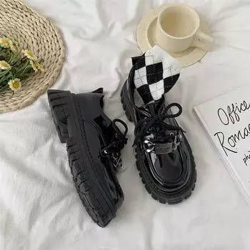 Черные кожаные туфли со скрытым лифтом в британском стиле. Женская универсальная обувь. Лоферы в стиле ретро. Туфли на платформе. Туфли Мэри Джейн. 35