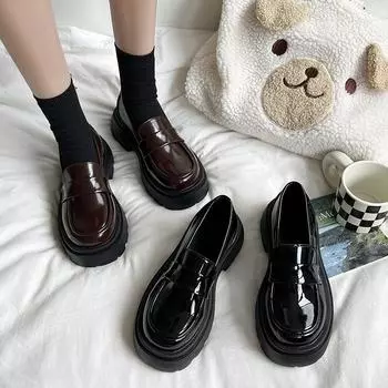 Черные кожаные туфли в британском стиле, женские универсальные туфли с одной педалью, круглой головкой, толстой подошвой, увеличивающие рост 35 коричневый