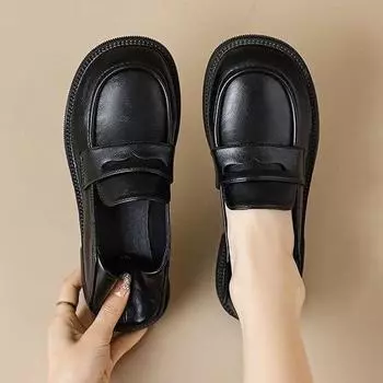 Черные кожаные туфли женские летние британские туфли на плоской подошве, мокасины с большой головкой, женские туфли большого размера 41-43 35