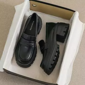 Черные кожаные туфли женские на толстой подошве на одну ногу стремена ретро туфли Lefou в британском стиле рабочая обувь 34 чёрный