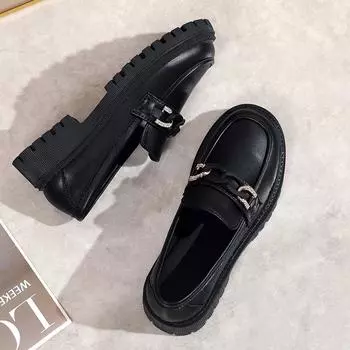 Черные кожаные туфли женские в британском стиле, весна 2025, ленивые туфли корейской версии, ретро-лоферы на платформе с одной педалью 35