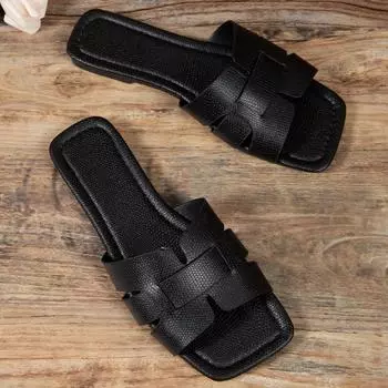 Черные кожаные женские тапочки с открытым каблуком, сандалии на плоской подошве, пляжная обувь, обувь для пары, повседневная обувь 36
