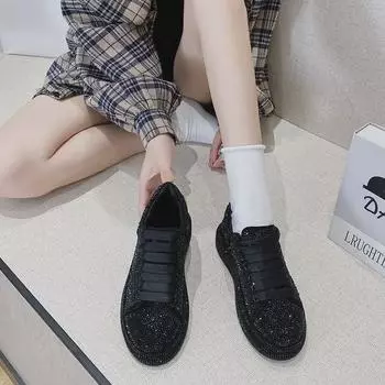 Черные кроссовки со стразами на плоской подошве для женщин - повседневная зимняя обувь 2020 года 39