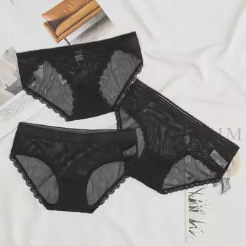 Черные кружевные полые сексуальные трусы с заниженной талией - дышащее женское нижнее белье XL: Extra Large Size